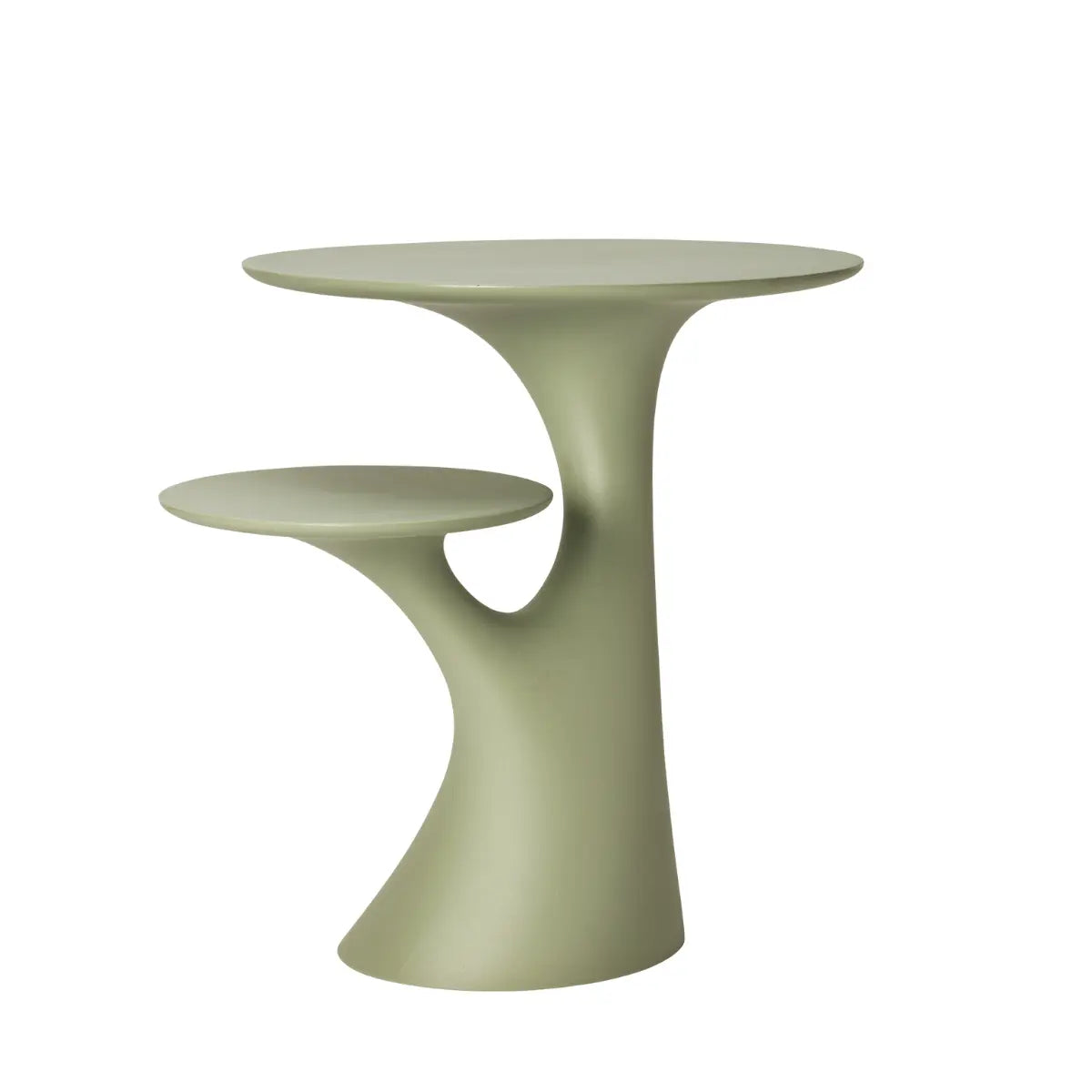 Tavolo verde che si presenta come un albero con due rami che sorreggono due piani circolari.