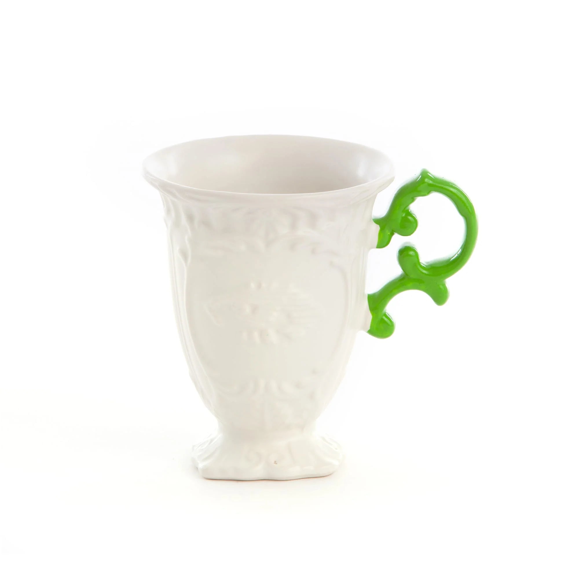 Tazza in ceramica della collezione I-Ware di Seletti nella versione con il manico verde
