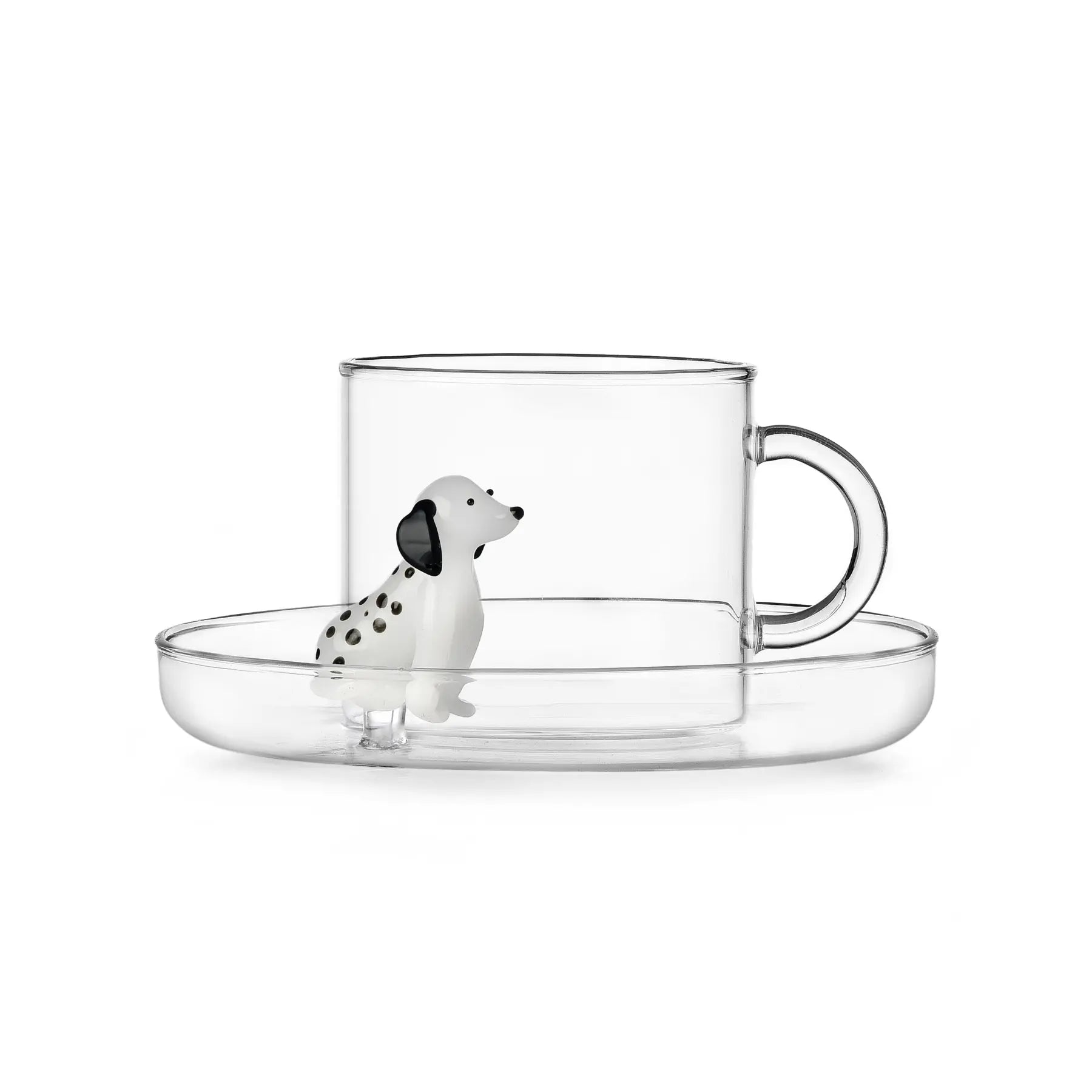 Tazza da tè in vetro trasparente con abbinato piatto decorato con Dalmata.