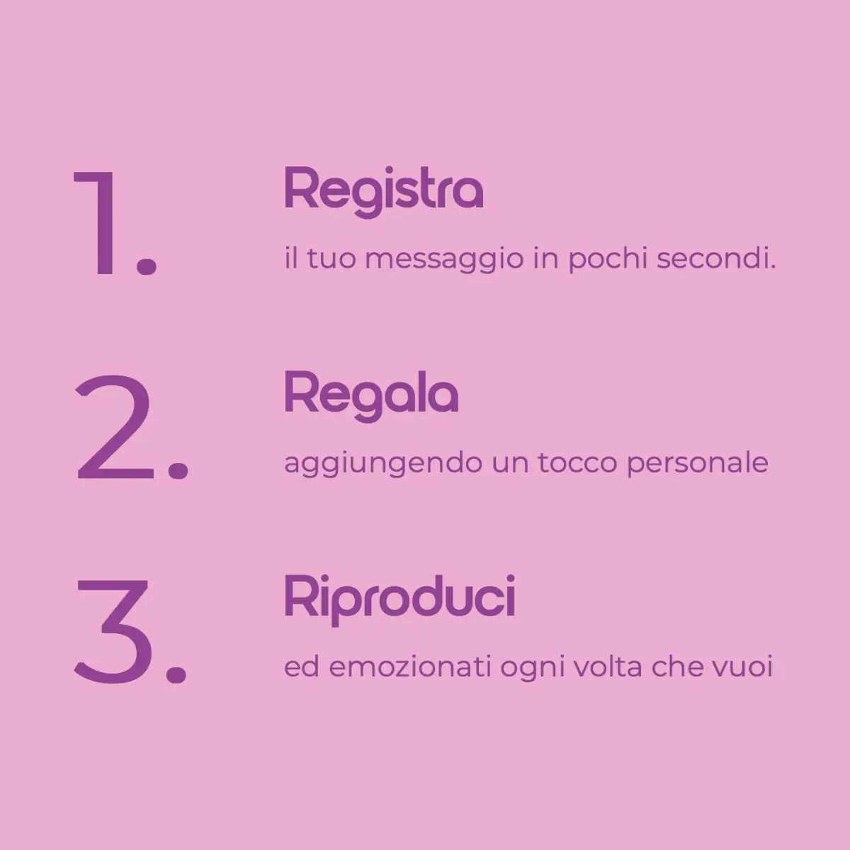 Indicazioni per il funzionamento del dispositivo ti lascio un vocale. Registra, regala, riproduci. Scritte viola con sfondo lilla