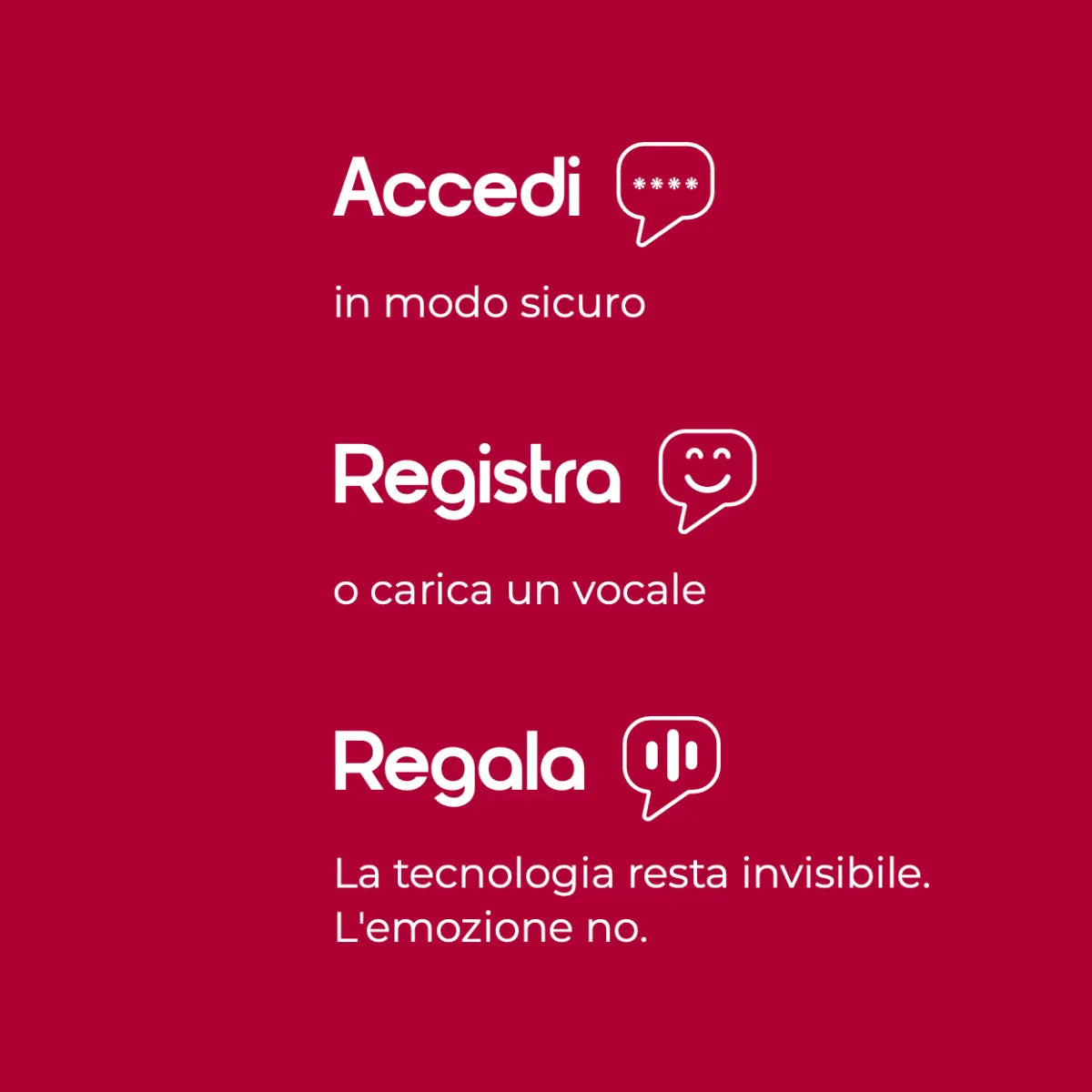 Indicazioni per il funzionamento del dispositivo ti lascio un vocale. Accedi, registra, regala. Scritte bianche su sfondo rosso