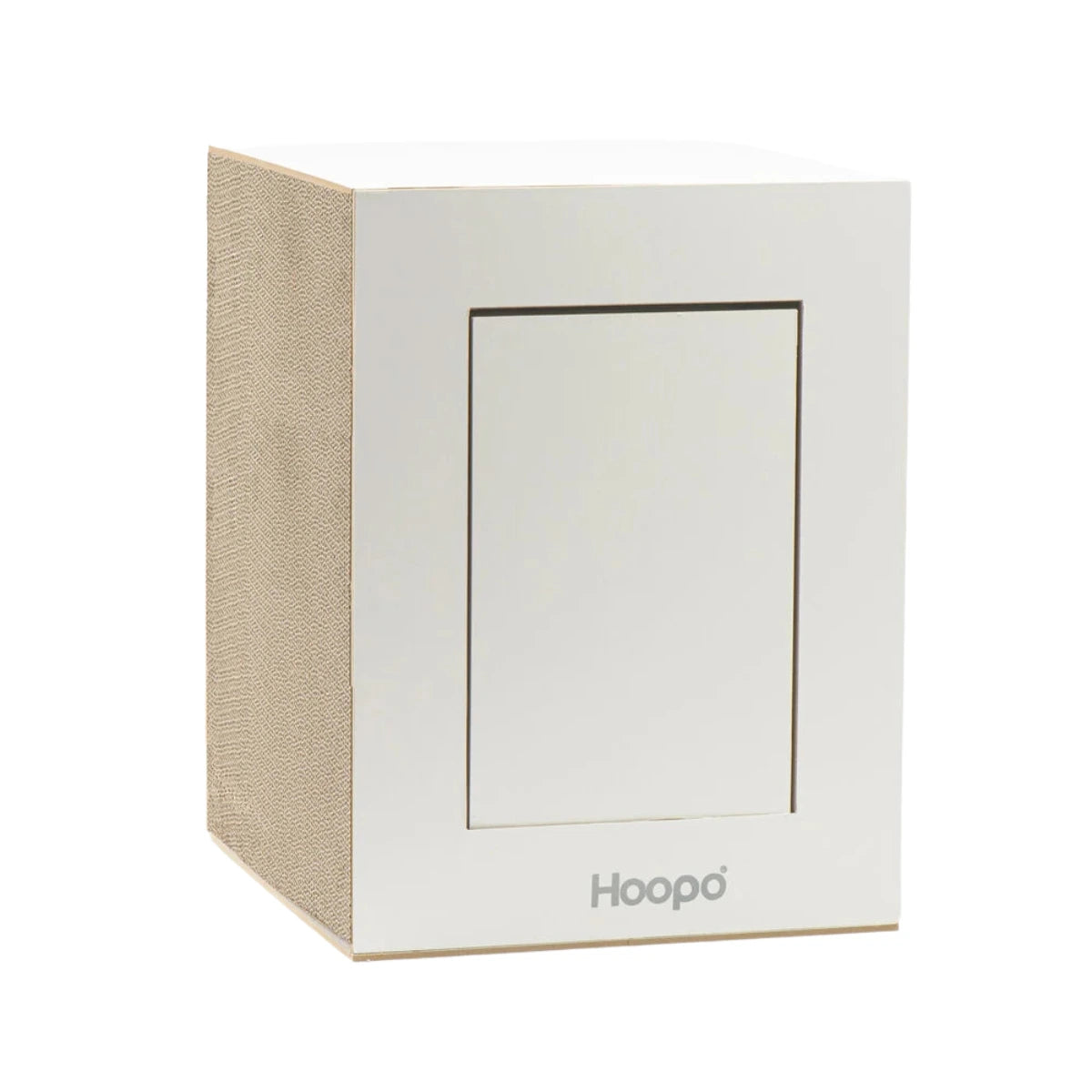 Tiragraffi per gatti e tavolino bianco con parte estraibile. Struttura in cartone riciclato.