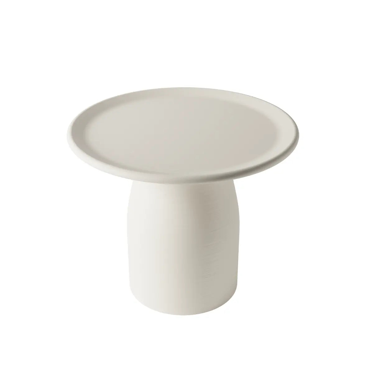 Tavolino basso bianco a forma arrotondata che ricorda un fungo con base ampia