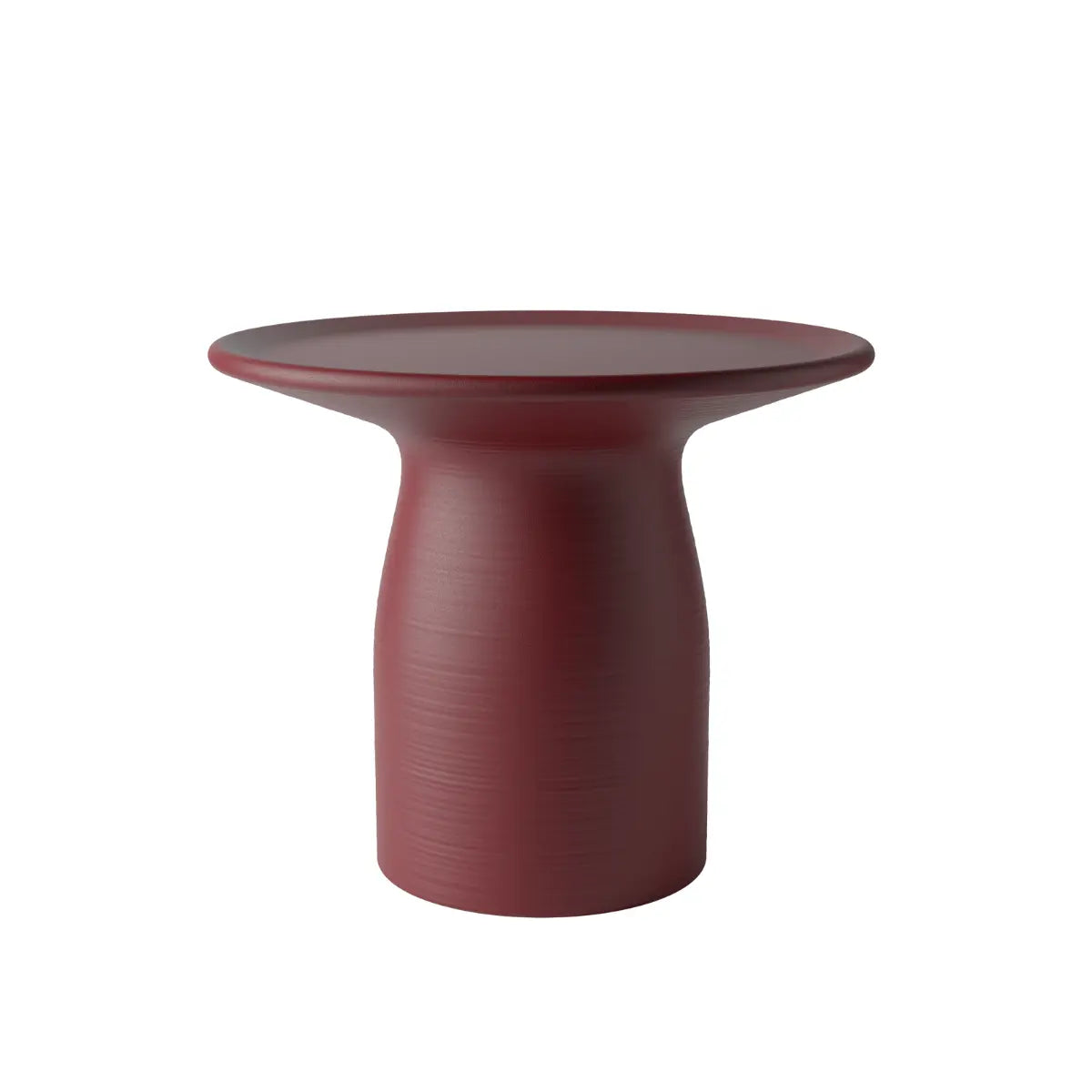 Tavolino basso bordeaux a forma arrotondata che ricorda un fungo con base ampia