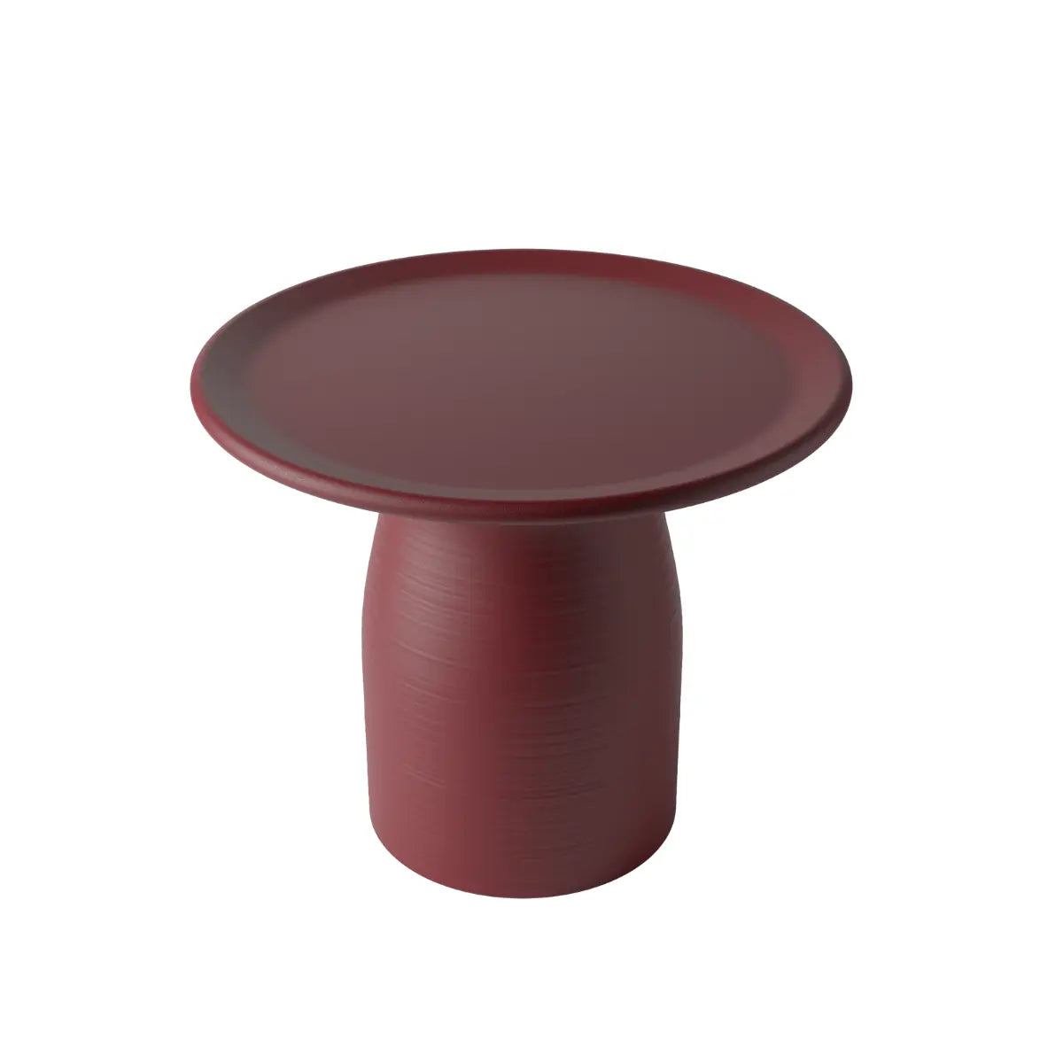 Tavolino basso bordeaux a forma arrotondata che ricorda un fungo con base ampia