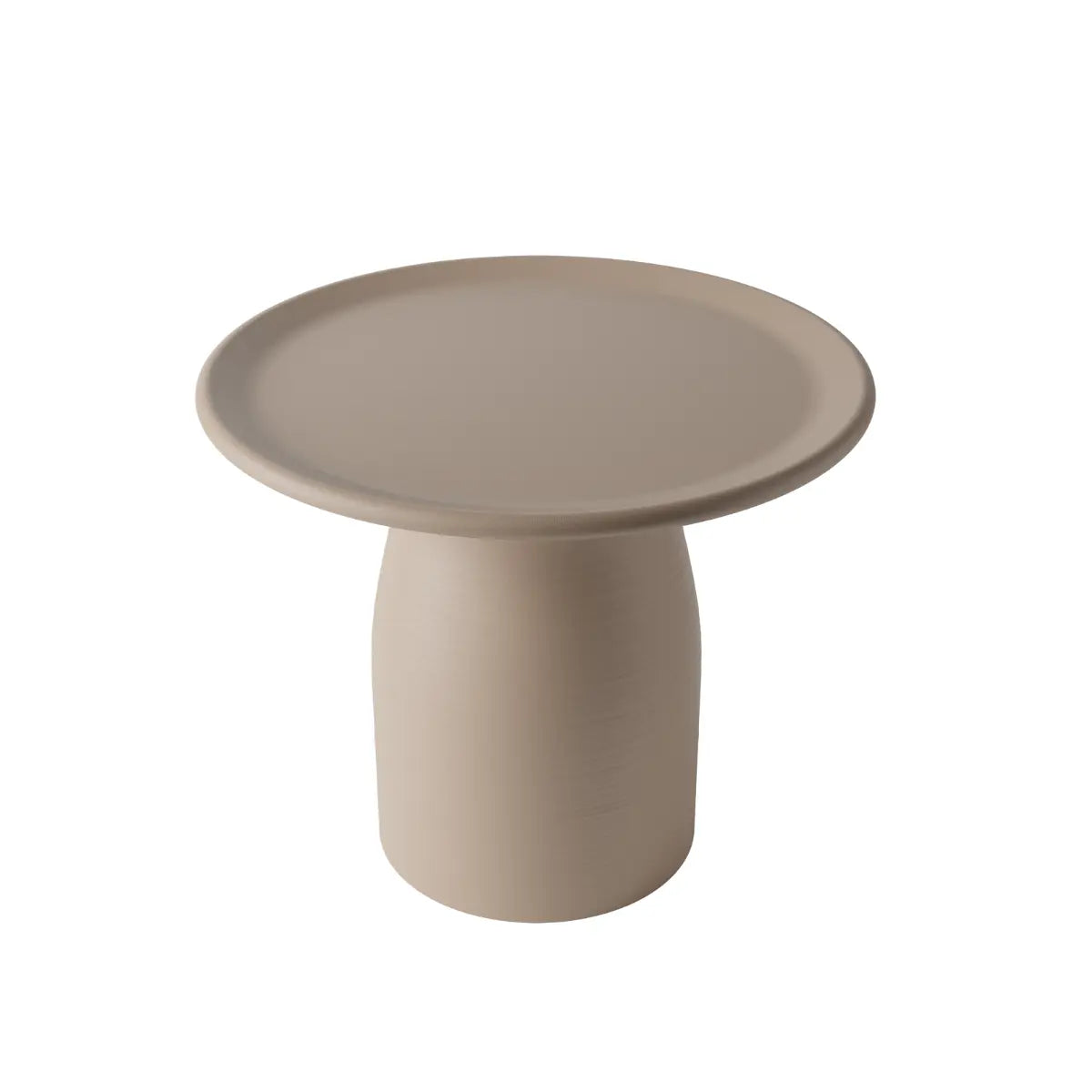 Tavolino basso grigio a forma arrotondata che ricorda un fungo con base ampia