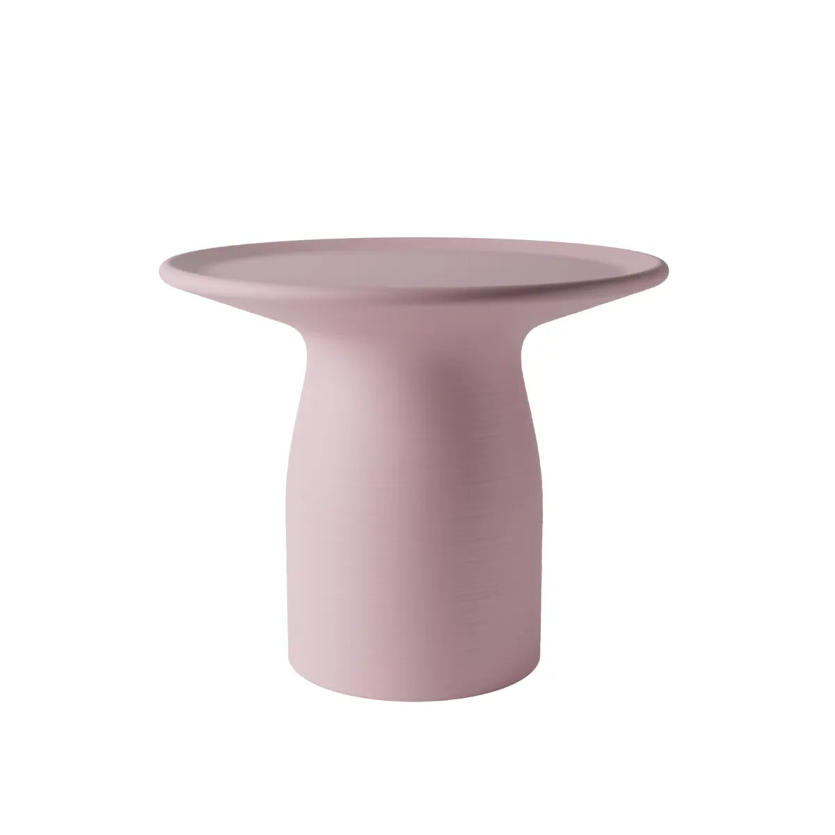 Tavolino basso rosa a forma arrotondata che ricorda un fungo con base ampia