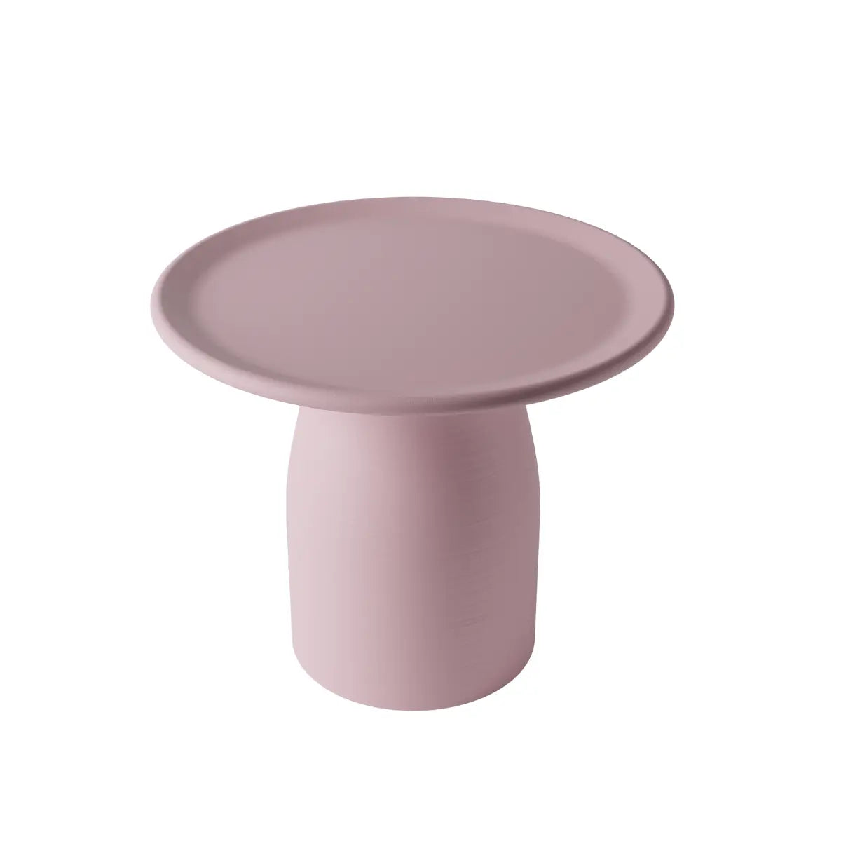 Tavolino basso rosa a forma arrotondata che ricorda un fungo con base ampia