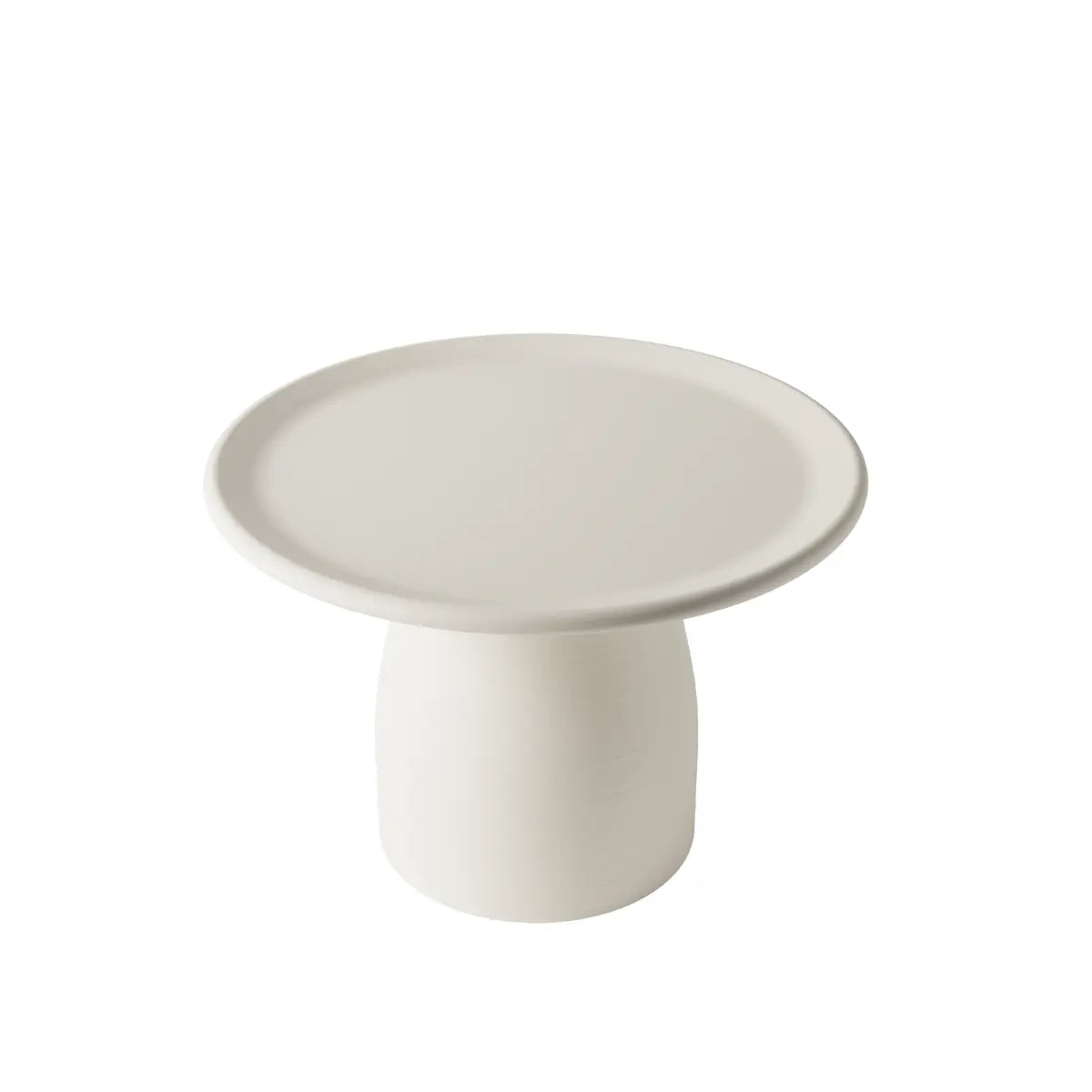 Tavolino basso bianco a forma arrotondata che ricorda un fungo con base ampia