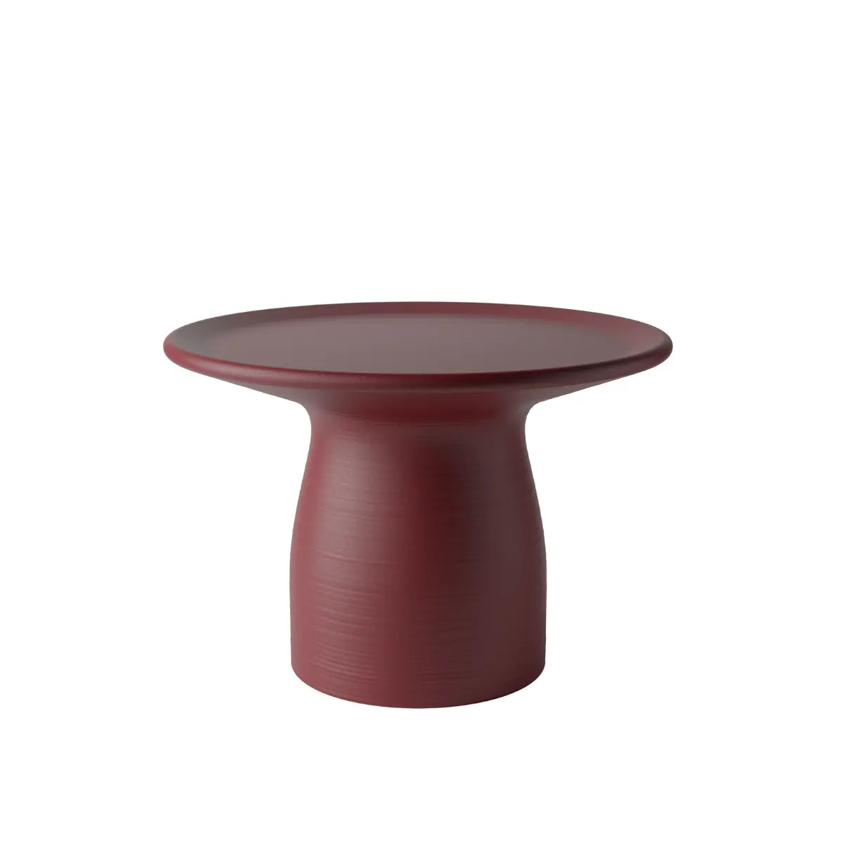 Tavolino basso bordeaux a forma arrotondata che ricorda un fungo con base ampia