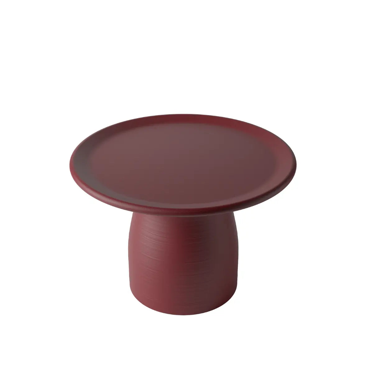 Tavolino basso bordeaux a forma arrotondata che ricorda un fungo con base ampia