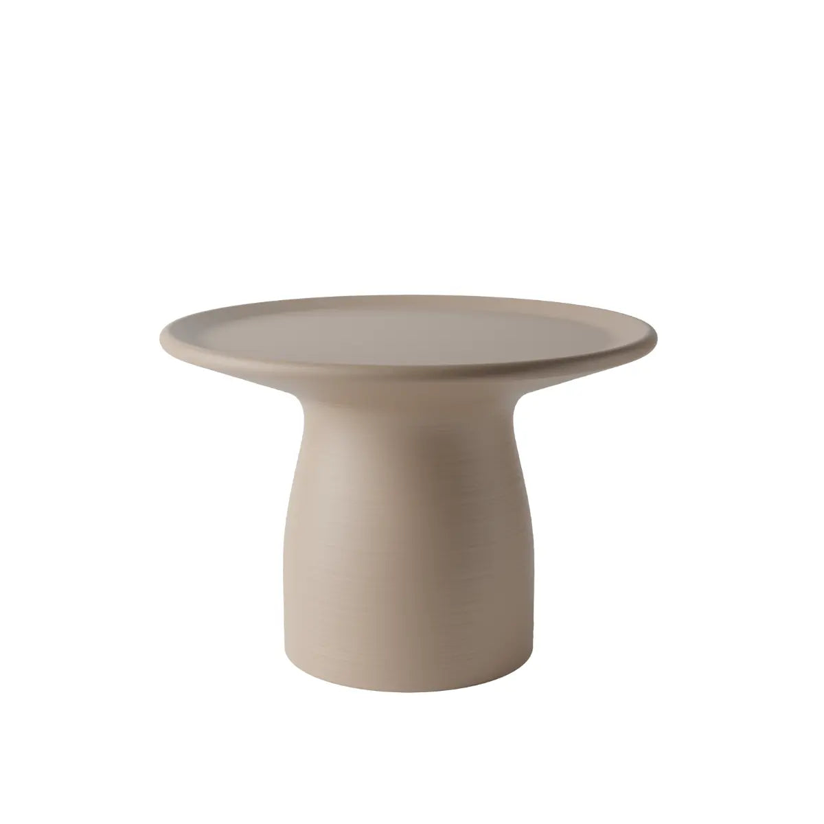 Tavolino basso grigio a forma arrotondata che ricorda un fungo con base ampia