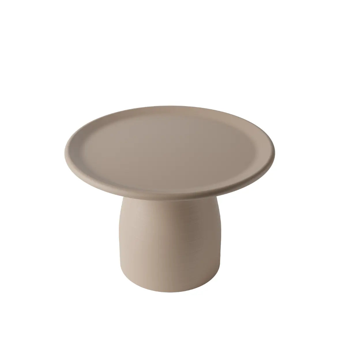 Tavolino basso grigio a forma arrotondata che ricorda un fungo con base ampia