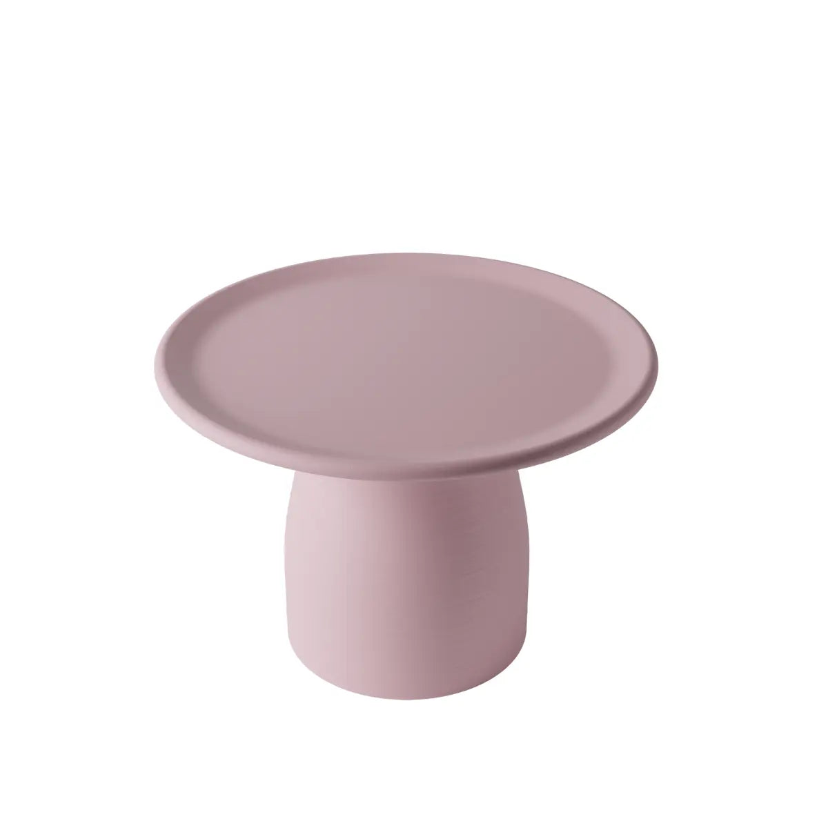 Tavolino basso rosa a forma arrotondata che ricorda un fungo con base ampia