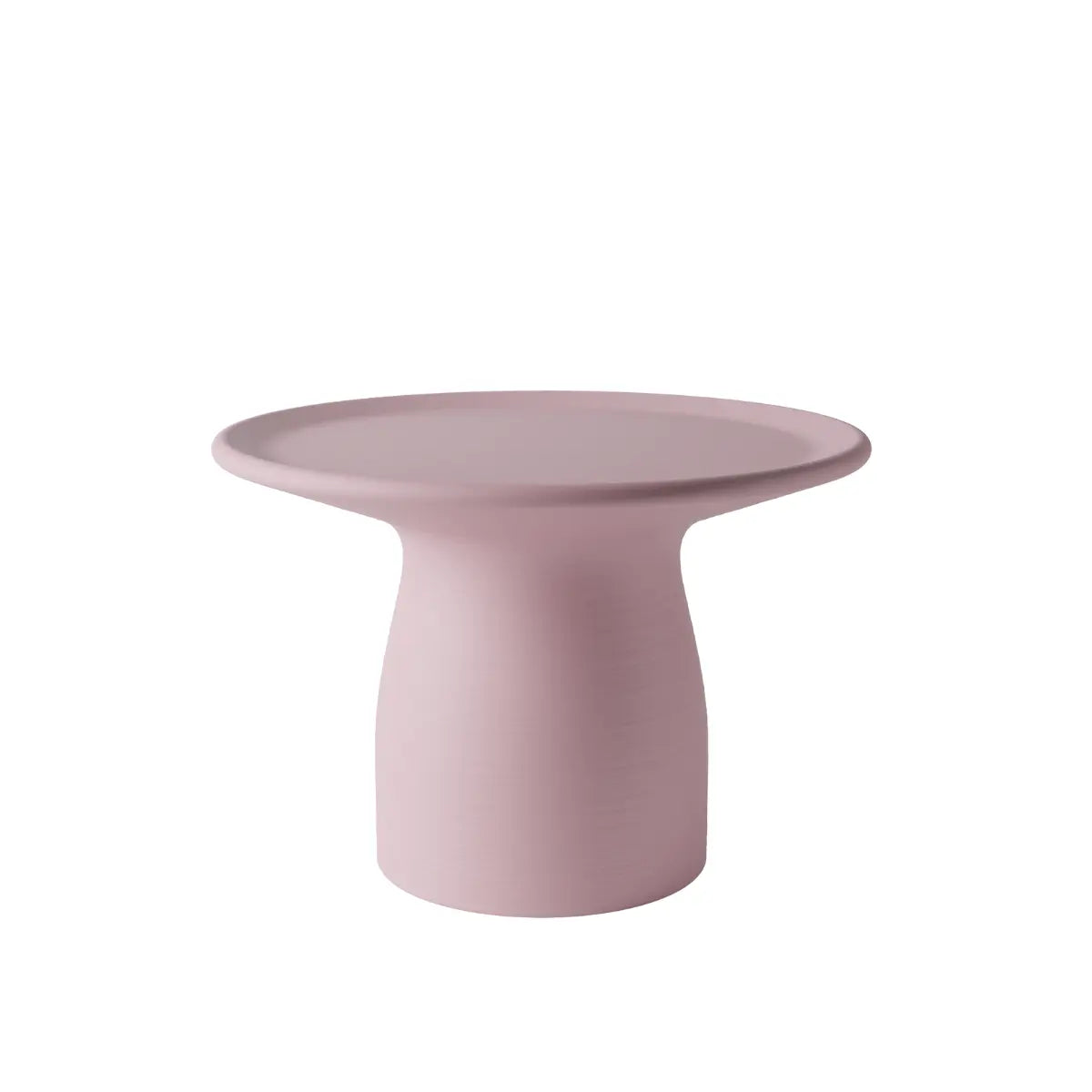 Tavolino basso rosa a forma arrotondata che ricorda un fungo con base ampia
