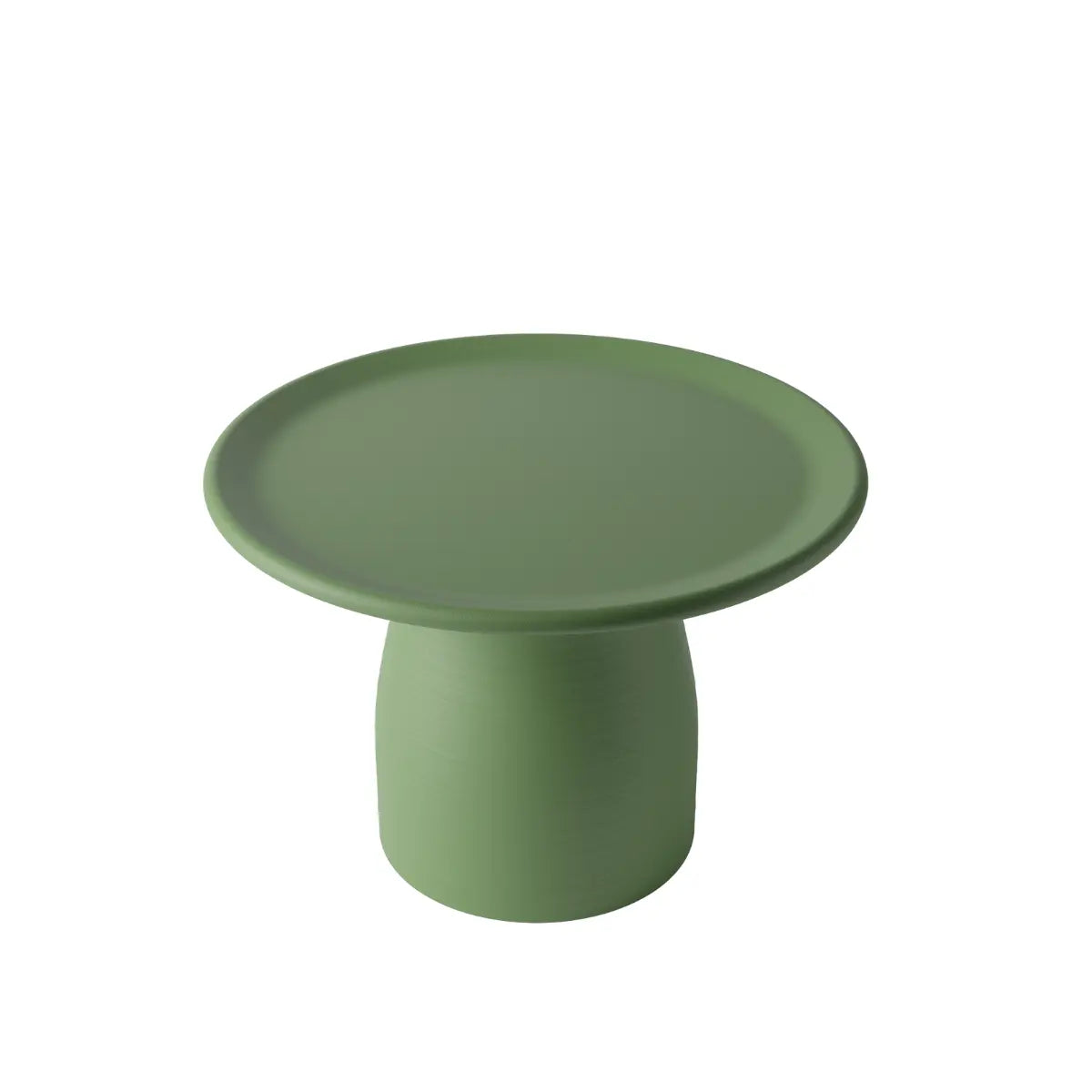 Tavolino basso verde a forma arrotondata che ricorda un fungo con base ampia