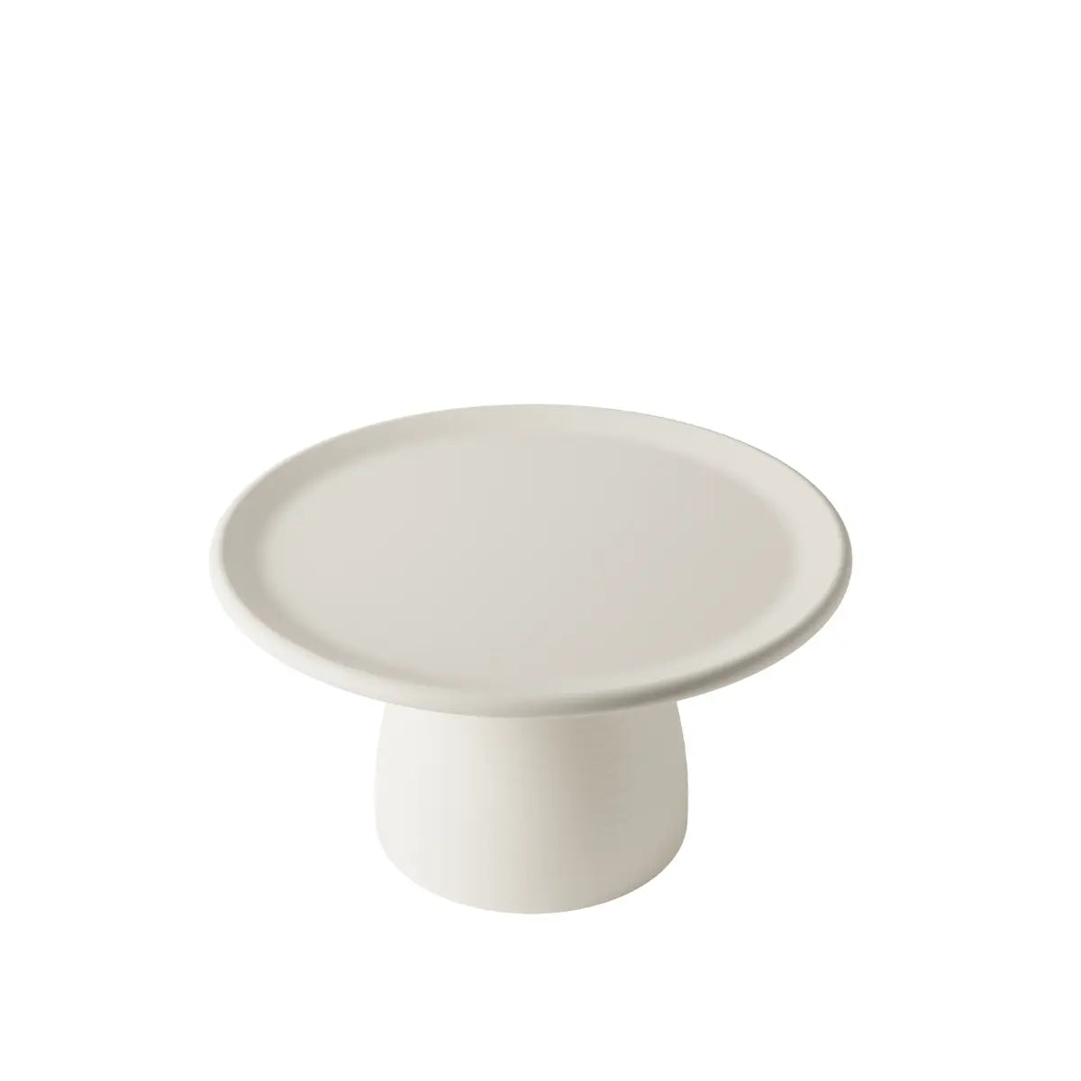 Tavolino basso bianco a forma arrotondata che ricorda un fungo con base ampia