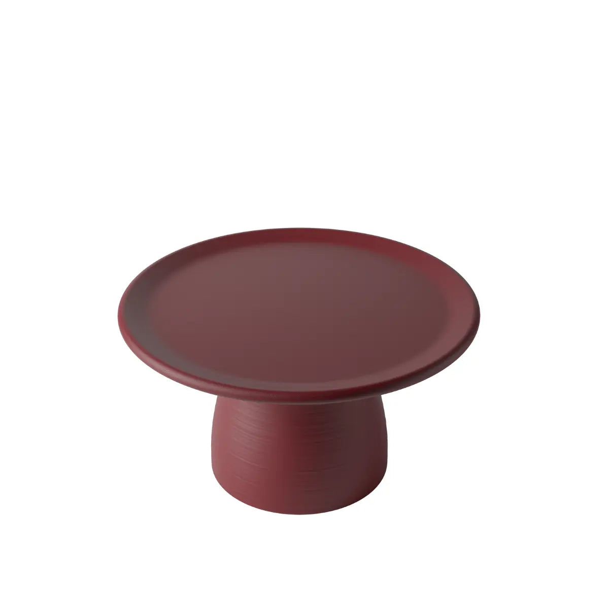 Tavolino basso bordeaux a forma arrotondata che ricorda un fungo con base ampia