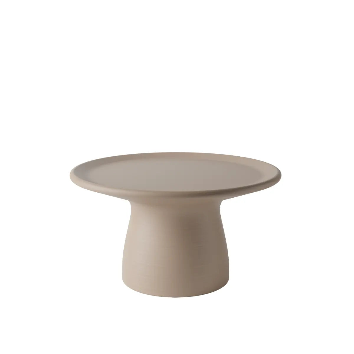 Tavolino basso grigio a forma arrotondata che ricorda un fungo con base ampia