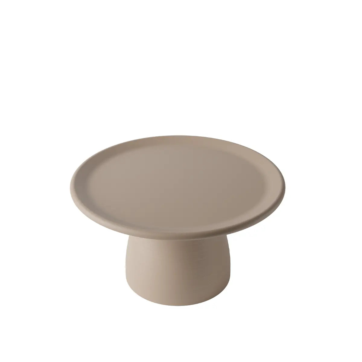 Tavolino basso grigio a forma arrotondata che ricorda un fungo con base ampia