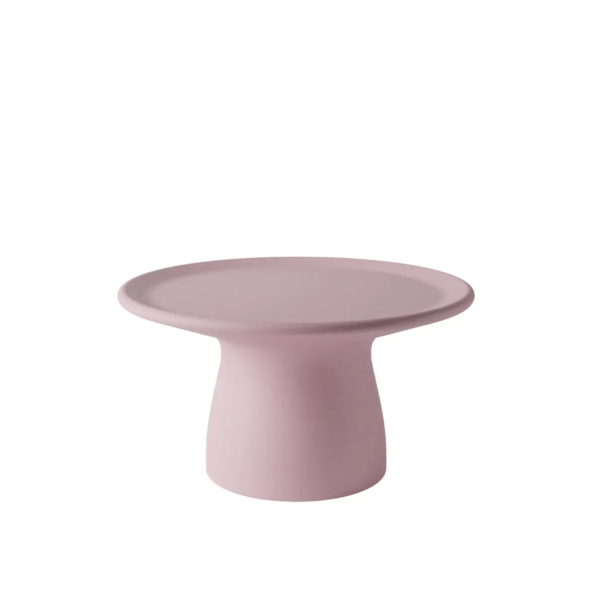 Tavolino basso rosa a forma arrotondata che ricorda un fungo con base ampia