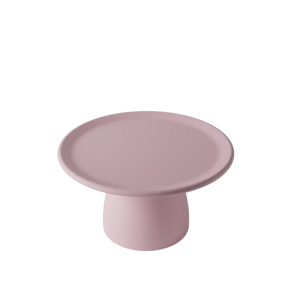 Tavolino basso rosa a forma arrotondata che ricorda un fungo con base ampia