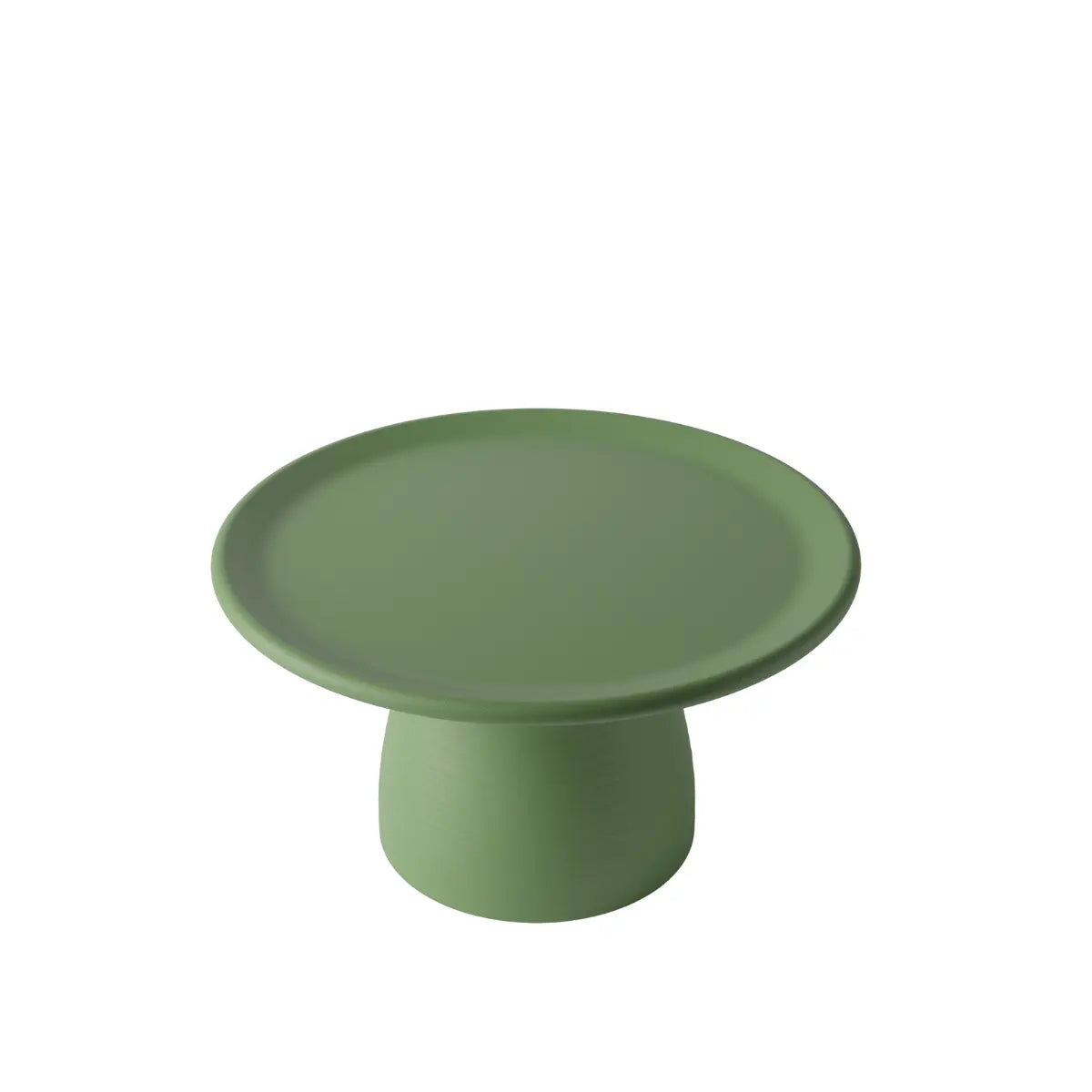 Tavolino basso verde a forma arrotondata che ricorda un fungo con base ampia