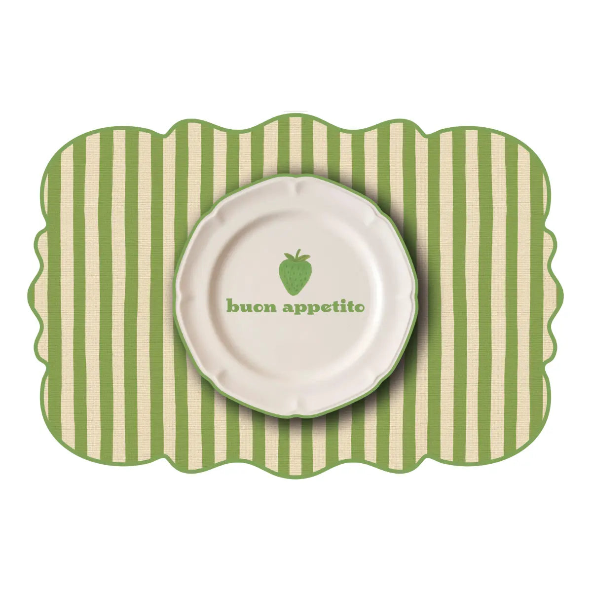 Tovaglietta dalla forma irregolare a righe bianche e verdi chiaro con al centro un disegno di un piatto bianco con la scritta "buon appetito" e una fragola verde disegnata. Sfondo bianco