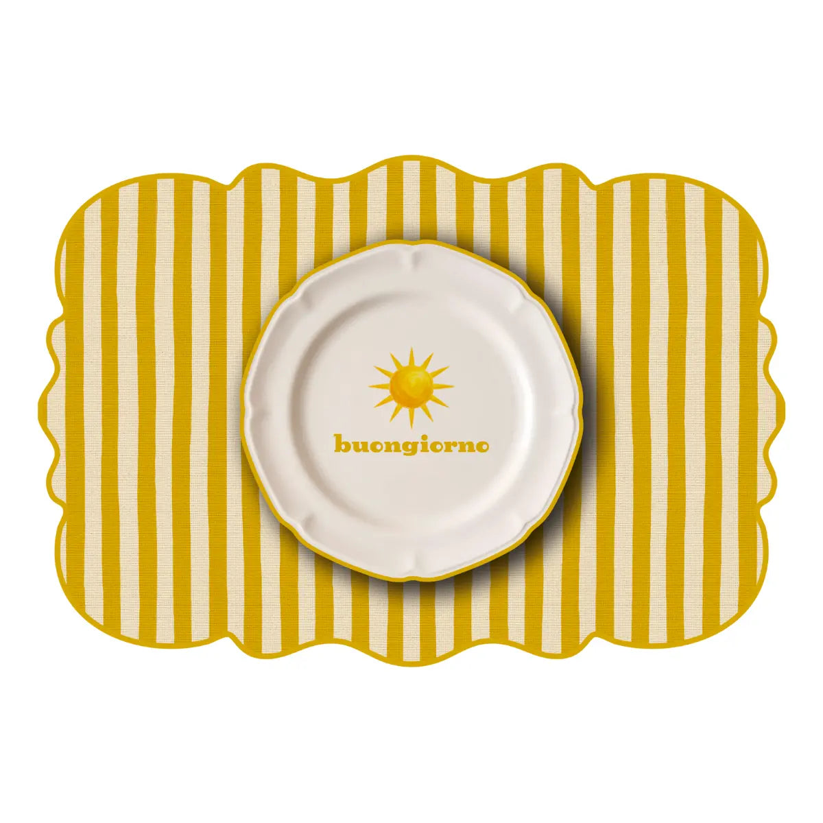 Tovaglietta dalla forma irregolare a righe bianche e gialle con al centro un disegno di un piatto bianco con la scritta "buongiorno" e un sole giallo disegnato. Sfondo bianco
