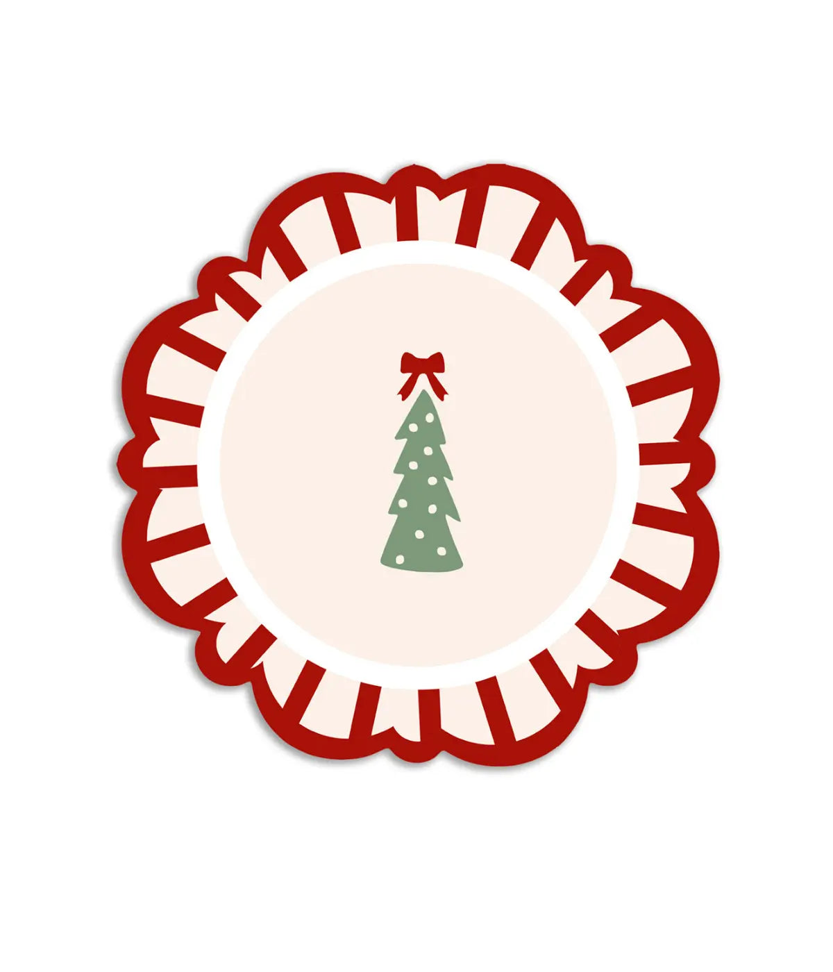 Una tovaglietta con pino e fiocco rosso sulla punta. Decorazione bordo rosso e bianco. Sfondo bianco