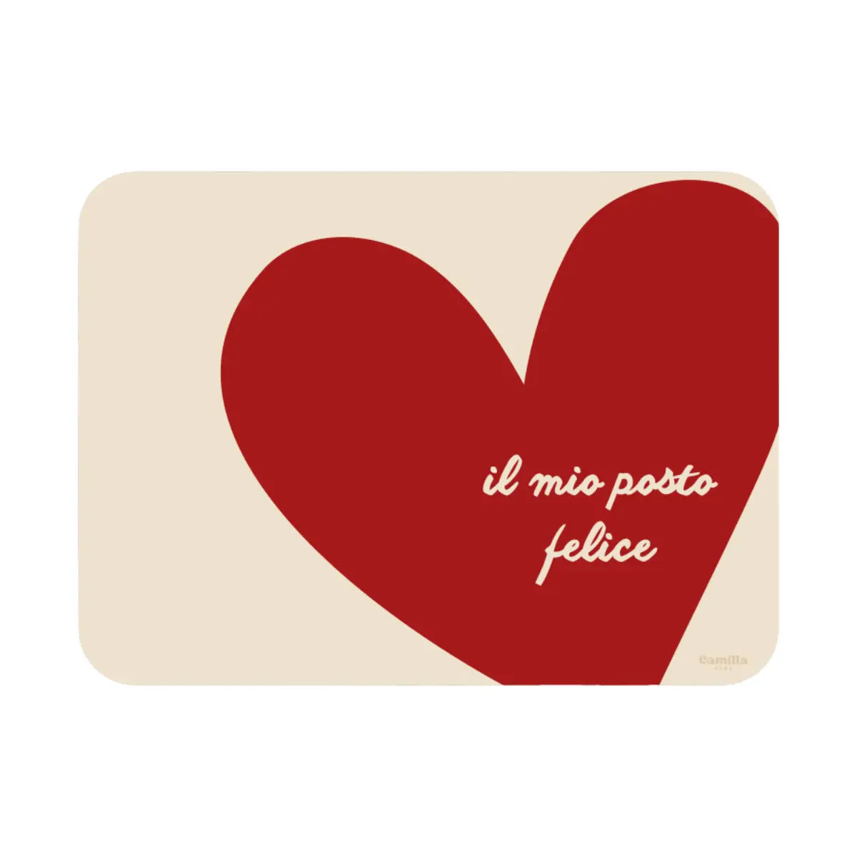 Tovaglietta in plastica riciclabile beige con cuore rosso e scritta il mio posto felice, formato rettangolare