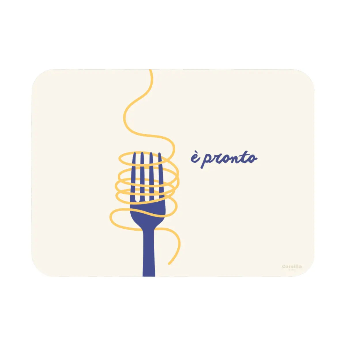 Tovaglietta in plastica riciclabile beige con forchetta blu e spaghetto e scritta è pronto, formato rettangolare