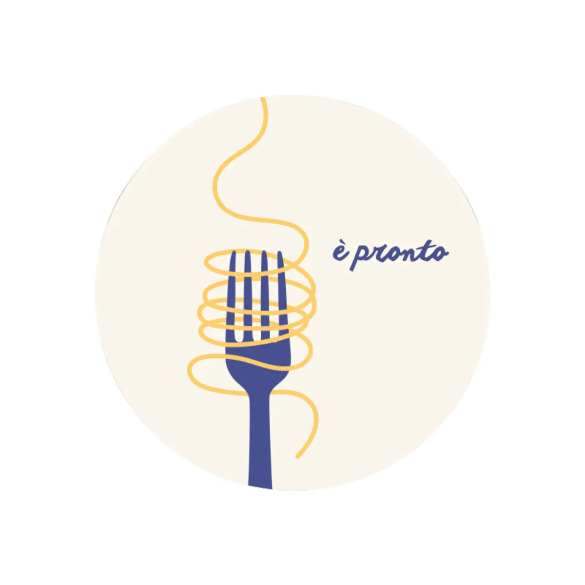 Tovaglietta in plastica riciclabile beige con forchetta blu e spaghetto e scritta è pronto, formato rotondo