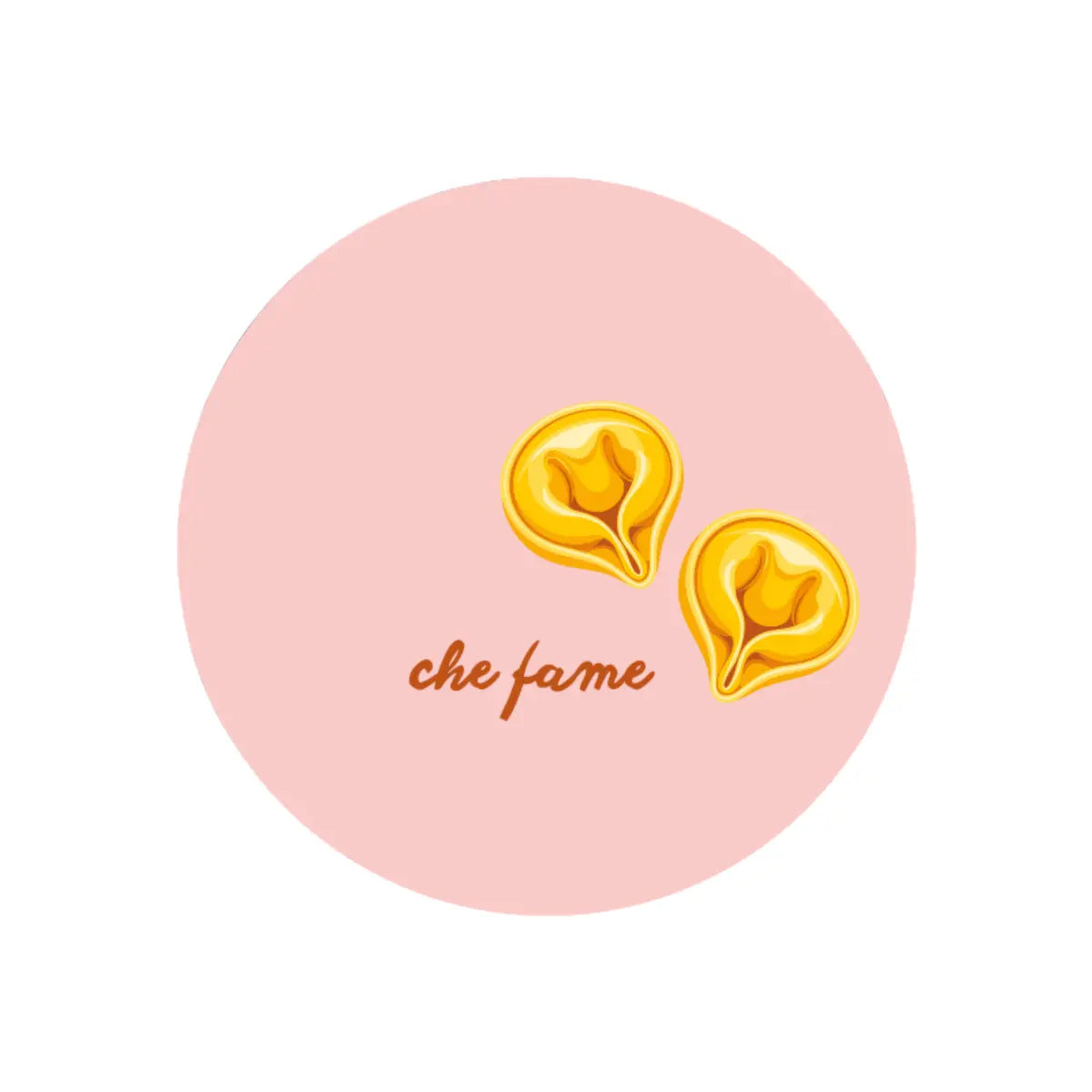 Tovaglietta in plastica riciclabile rosa con due tortellini e scritta che fame, formato rotondo