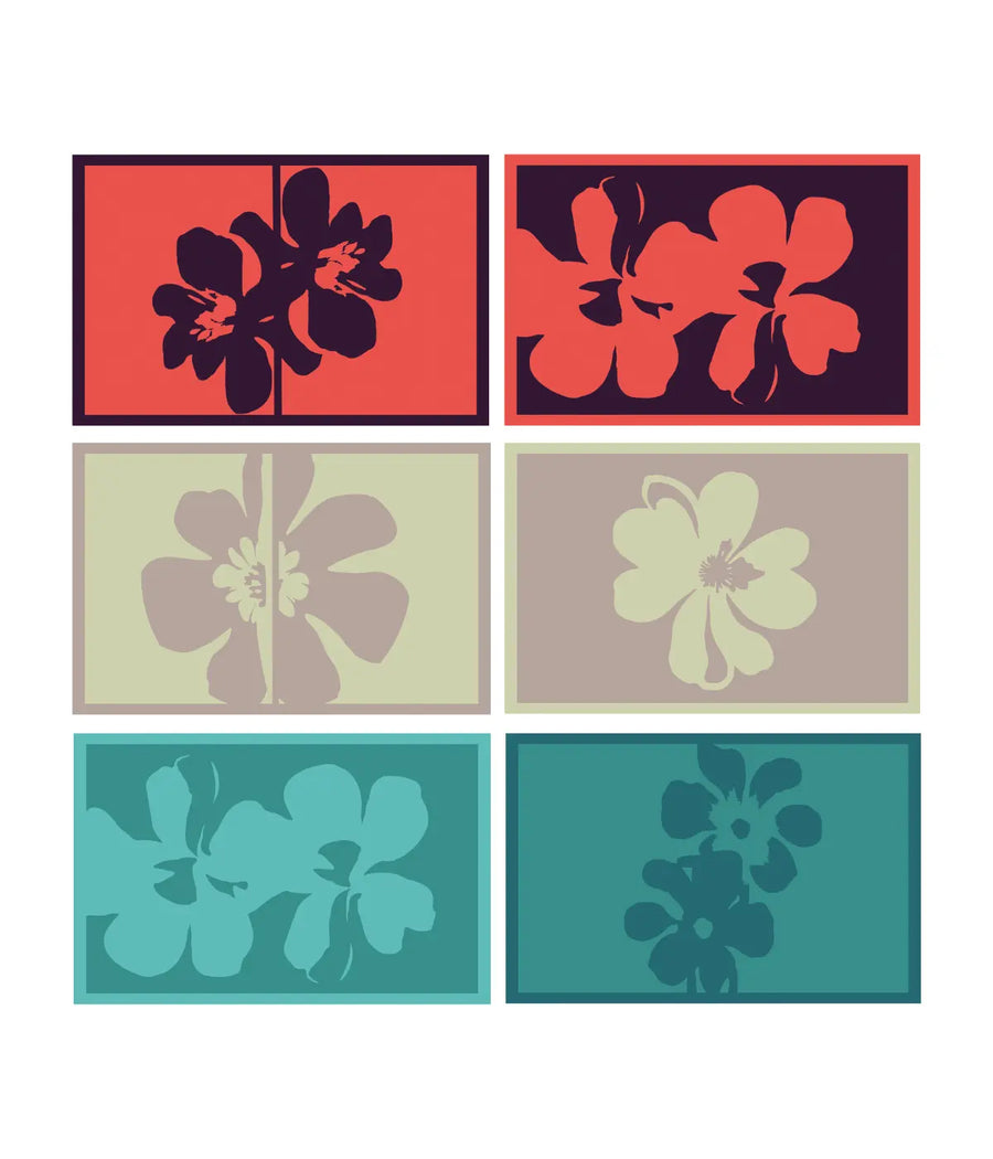 6 tovagliette americane con design floreali    colorate, rosso verde, blu e Tiffany. Sfondo bianco