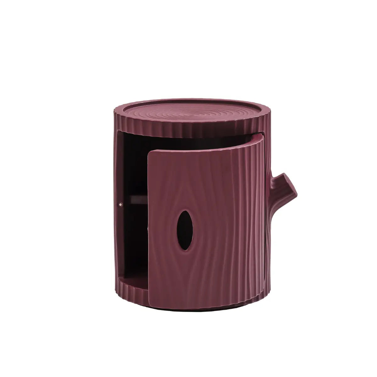 Mobiletto a forma di tronco bordeaux con anta aperta utilizzabile come comodino, tavolino, contenitore