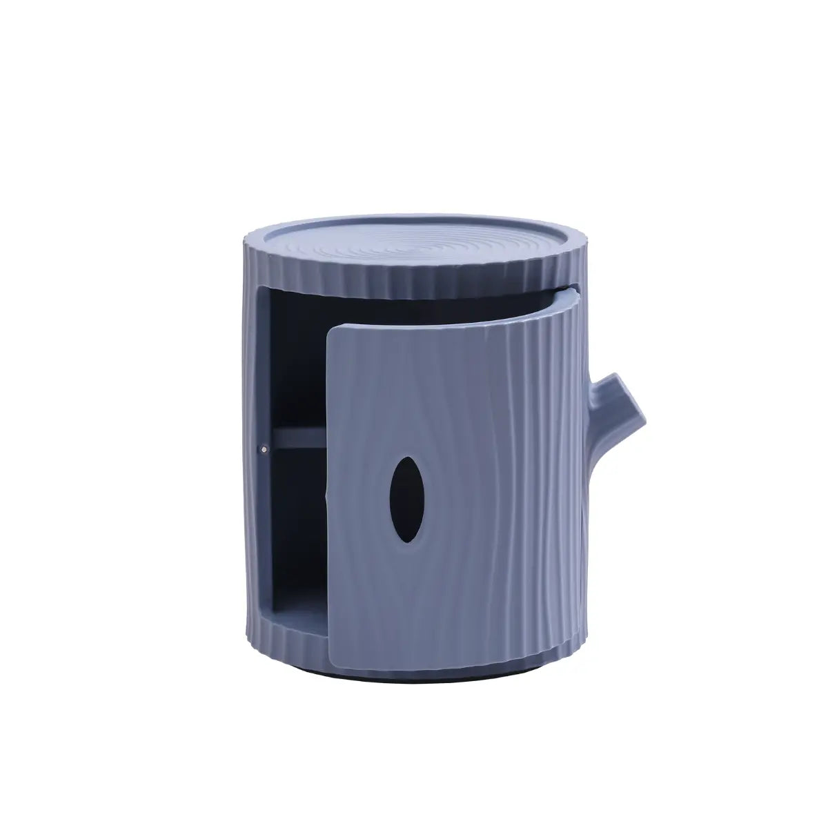 Mobiletto a forma di tronco celeste con anta aperta utilizzabile come comodino, tavolino, contenitore