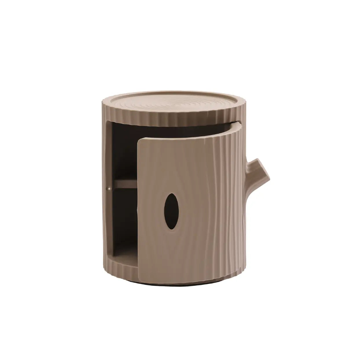 Mobiletto a forma di tronco grigio tortora con anta aperta utilizzabile come comodino, tavolino, contenitore