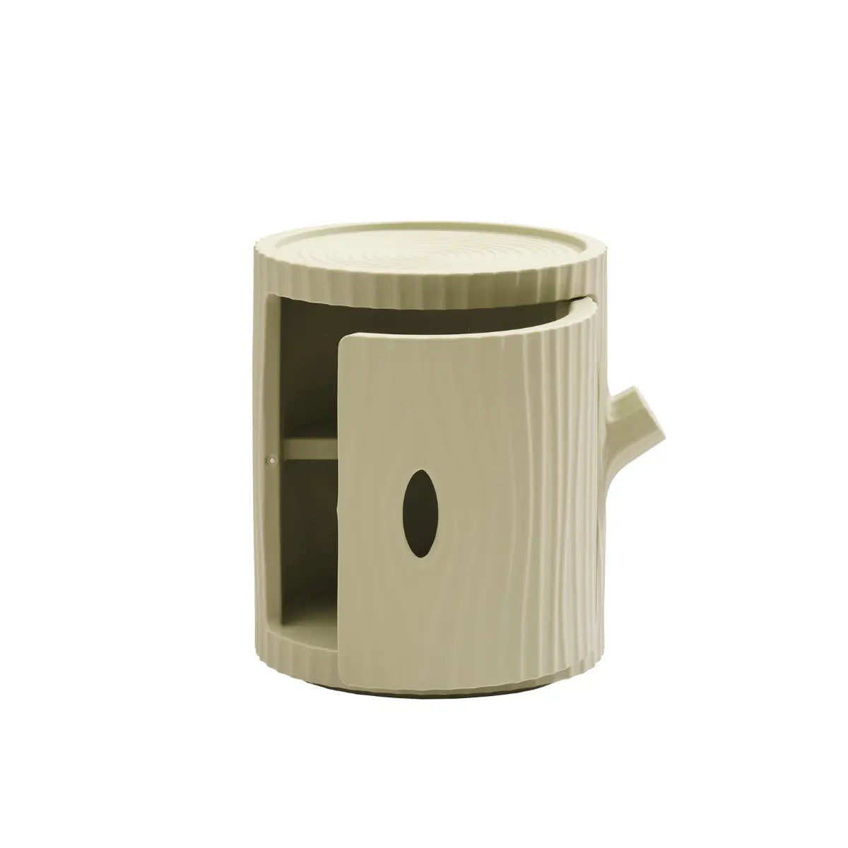 Mobiletto a forma di tronco verde chiaro con anta aperta utilizzabile come comodino, tavolino, contenitore