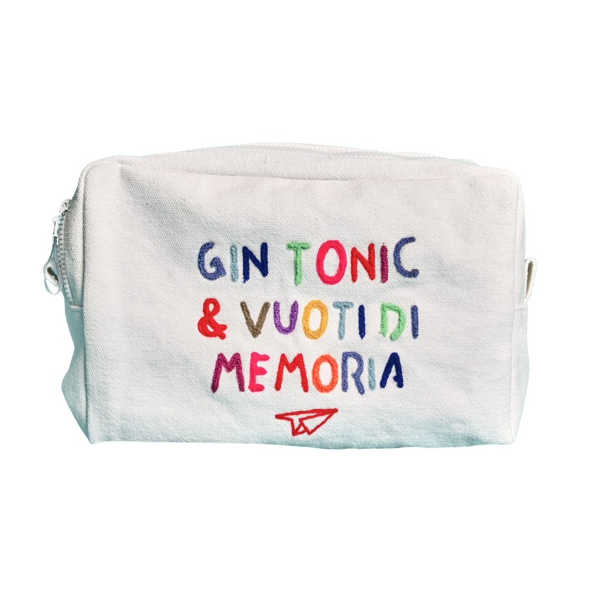 La trousse di Linea Daria nella versione bianca grande con la scritta multicolore "Gin Tonic e vuoti di memoria"