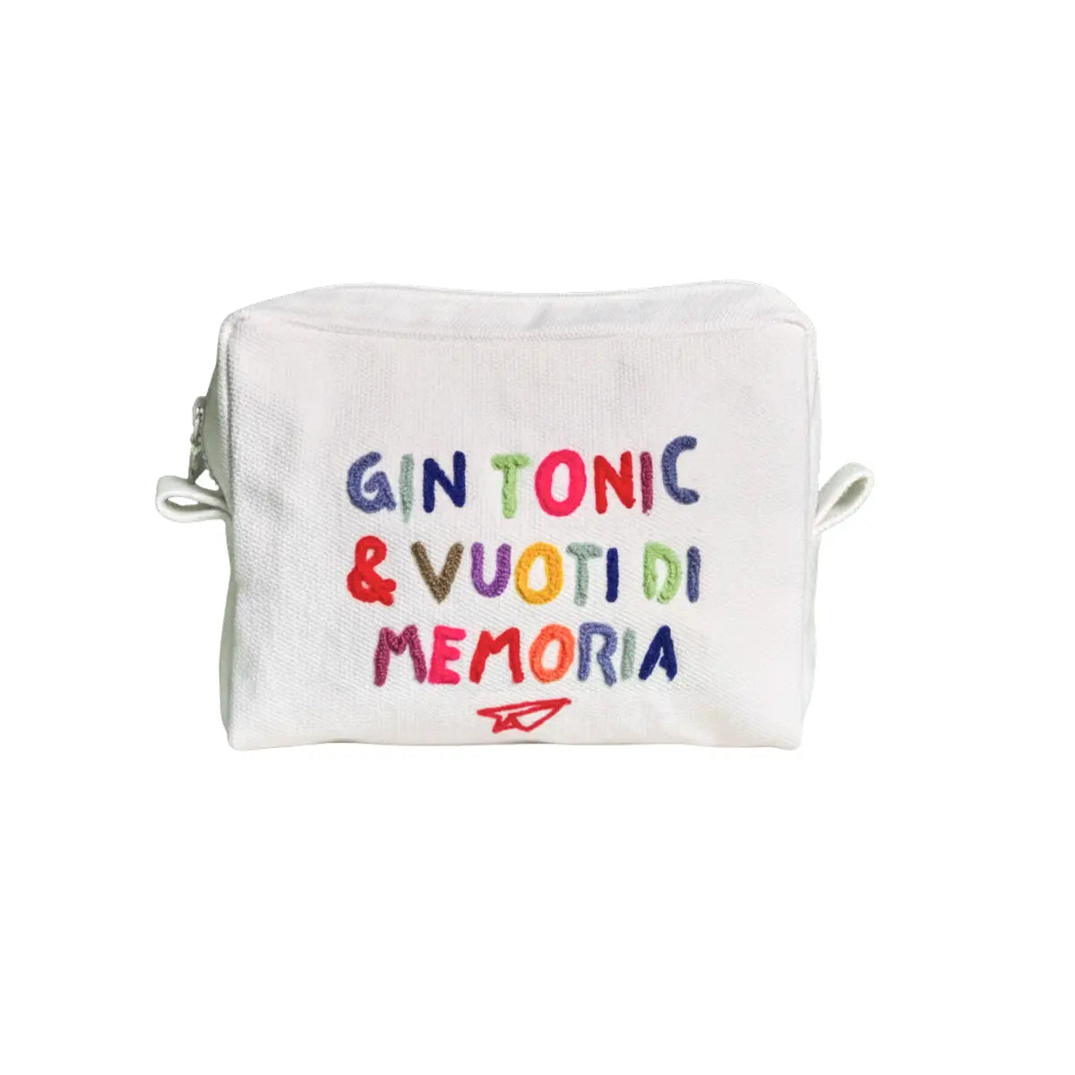 La trousse di Linea Daria nella versione bianca con la scritta "Gin Tonic e vuoti di memoria"