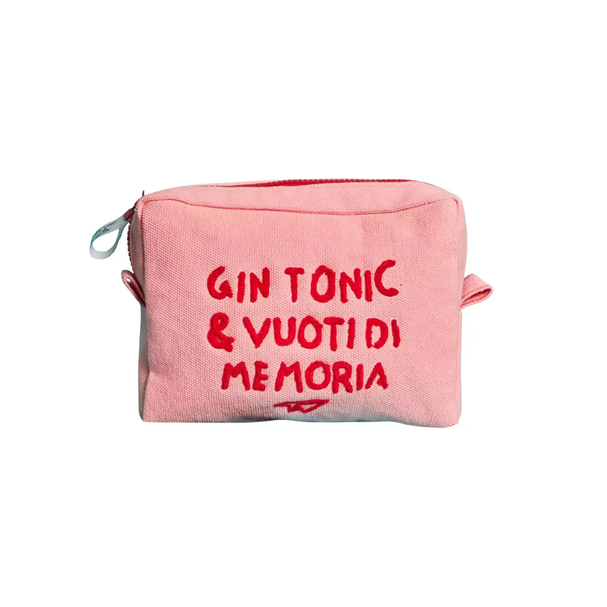 La trousse di Linea Daria nella versione rosa con la scritta "Gin Tonic e vuoti di memoria"