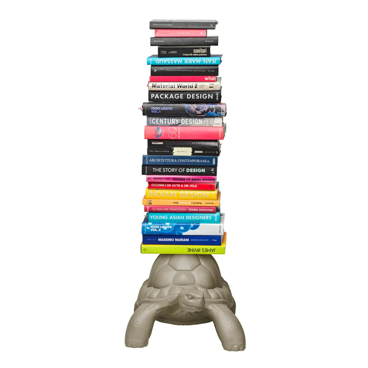 Libreria a forme di tartaruga grigia che sorregge libri sul carapace, visione frontale