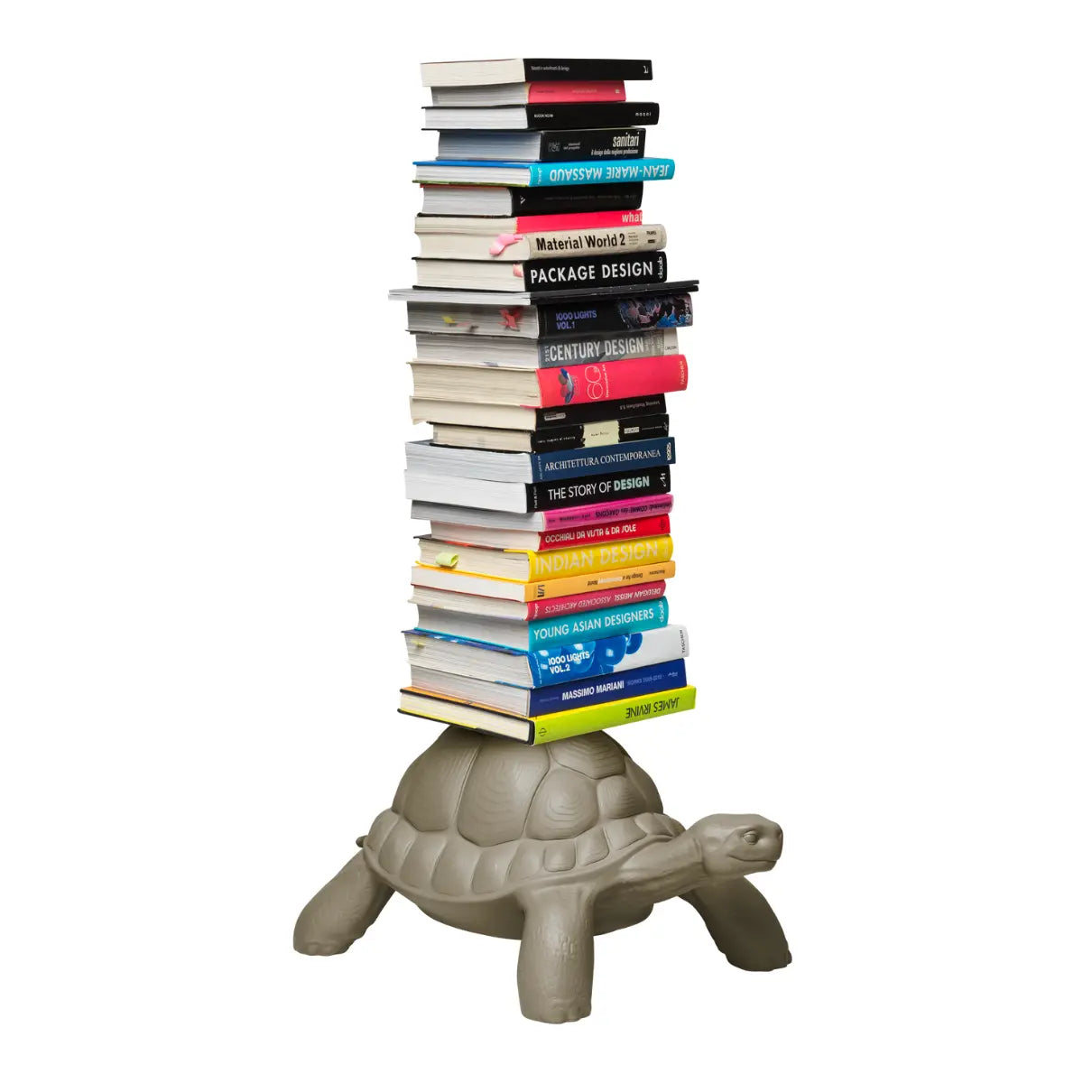 Libreria a forme di tartaruga grigia che sorregge libri sul carapace, visione frontale