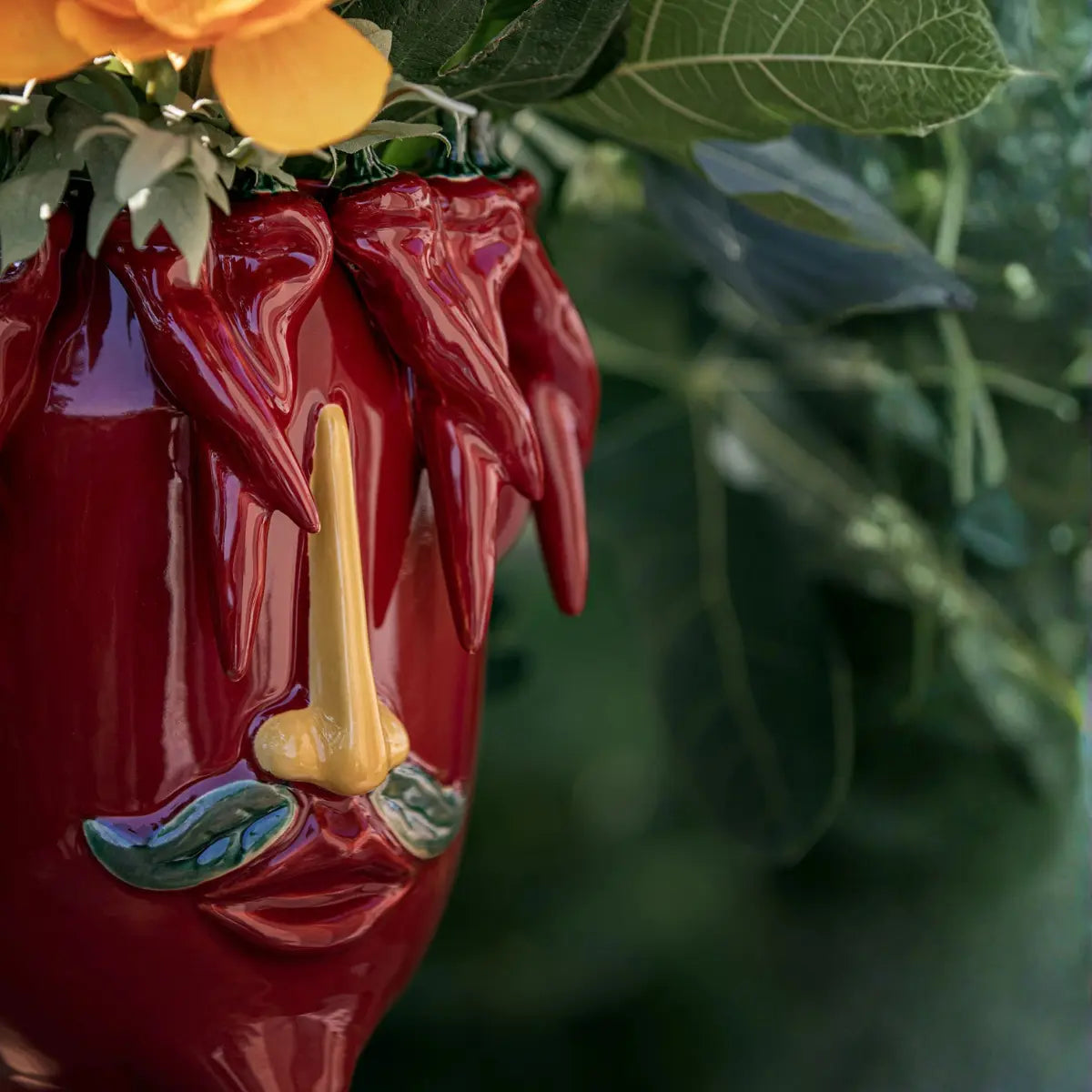 Dettaglio del vaso che raffigura un volto maschile con corona di peperoncini rossi. All'interno pianta con foglie verdi. Sfondo vegetale verde