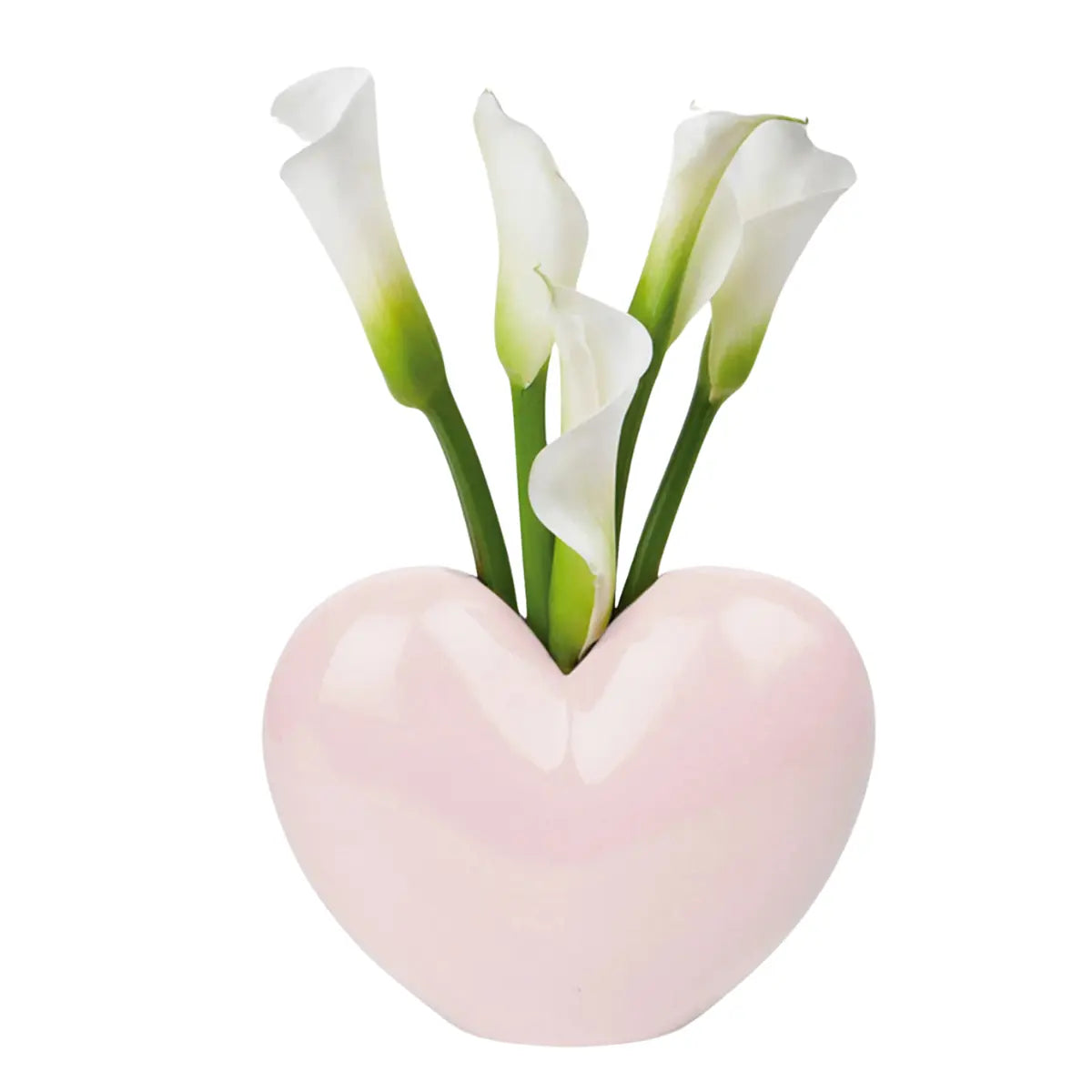 Vaso a forma di cuore rosa di DOIY con all'interno dei fiori bianchi. Sfondo bianco