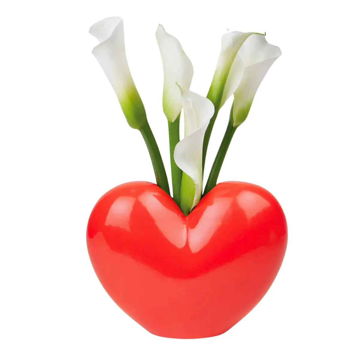 Vaso a forma di cuore rosso di DOIY con all'interno dei fiori bianchi. Sfondo bianco