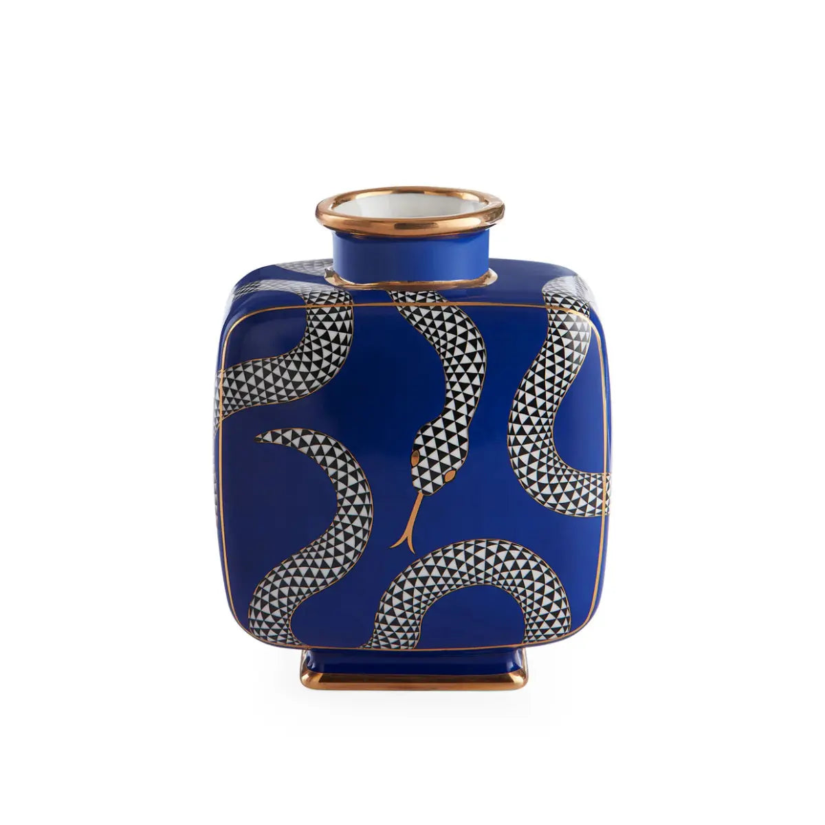 Vaso a forma squadrata color blu con fantasia a serpenti bianchi e neri e dettagli in oro