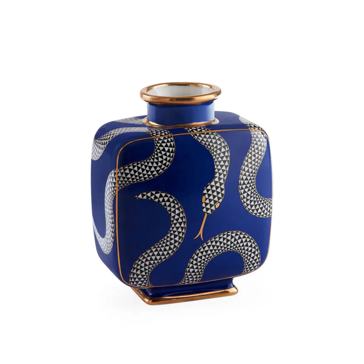 Vaso a forma squadrata color blu con fantasia a serpenti bianchi e neri e dettagli in oro