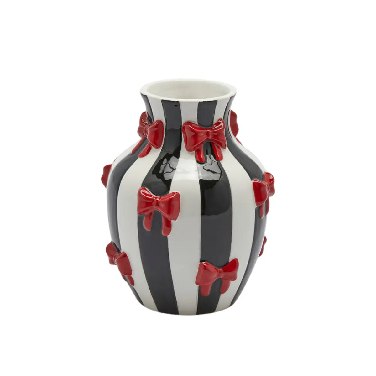 Vaso a righe bianche e nero con fiocchi rossi per fiori 
